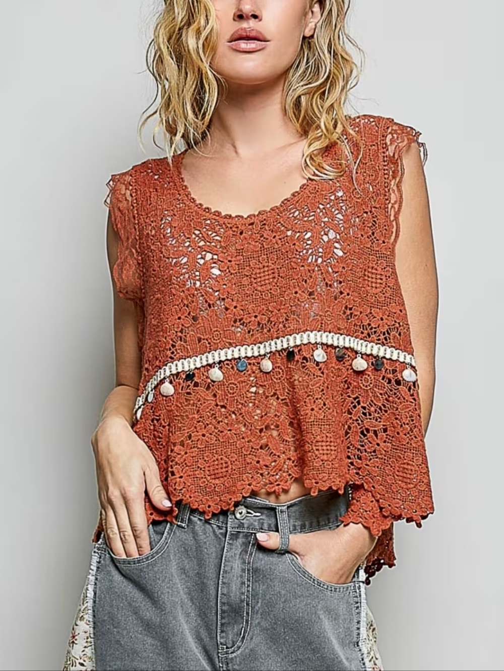 NS98. POL Crochet Sleeveless Top - Burnt Orange